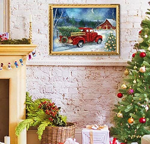 ערכות ציור יהלום לחג המולד של Ruiha, ערכת אמנות יהלומי חורף למבוגרים, משאית אדומה 5D צבע עם קידוח