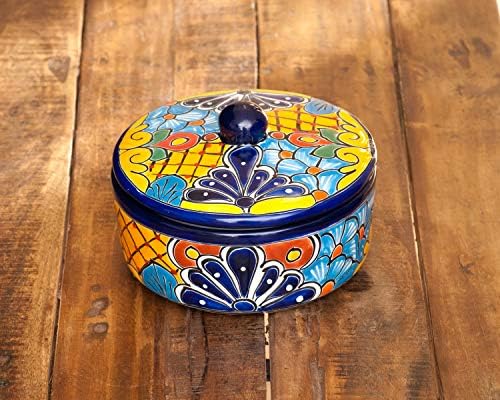 Talavera קסום מסורתי מקסיקני מסורתי מצויר ביד קרמיקה קערה חמה יותר עם מכסה עם מכסה צבעוני ספרדי