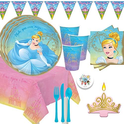 נסיכת סינדרלה יום הולדת ספקי צד חבילה עבור 16 עם צלחות, מפיות, כוסות, כיסוי שולחן, נסיכת נר, סכום, דגלון
