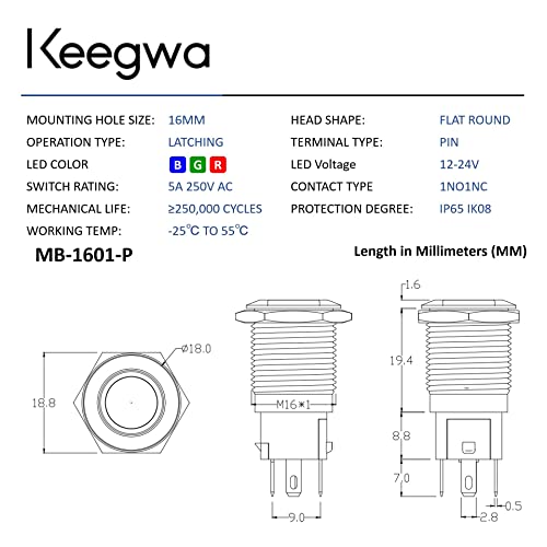 Keegwa 16 ממ נושם כפתור מתג כפתור מתג מפלדת אל חלד מתכת עם אור טבעת עם תקע שקע תיל הנעילה עצמית 12v-24v