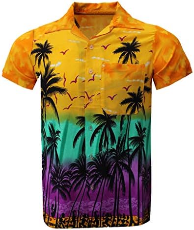 Gdjgta אופנה כפתור מזדמן של גברים הוואי הדפס חוף שרוול קצר חולצה מהירה חולצה זכר צהוב