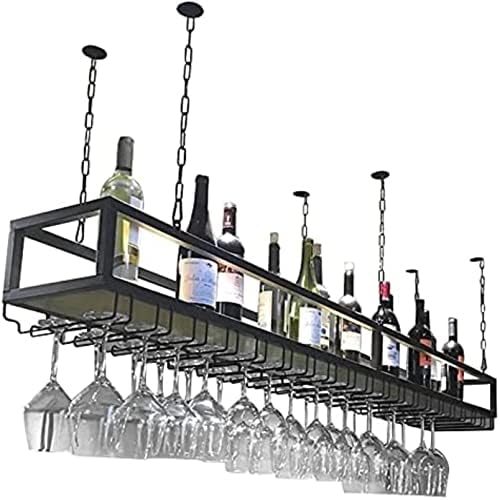 מדף תקרה מונסג מתלה יין תלוי, עם מחזיק זכוכית ומדף, עם שרשרת ברזל באורך 1 מ 'מדפי רטרו תעשייתיים, עמדת