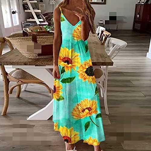 נשים מקרית קיץ שמלות להסתיר בטן רופף פרחוני שמלה קיצית ספגטי רצועת צוואר שרוולים חוף ארוך שמלה