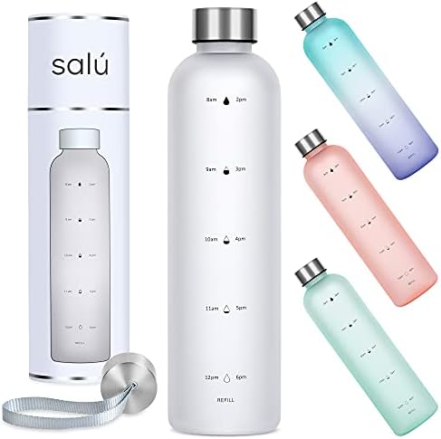 סלט 32 גרם טריטן/בקבוק מים ללא BPA עם סמן זמן, לבן, מדידות מוטיבציוניות עם זמן ונפח, פלסטיק חלבית, מכסה נוסף לחדר