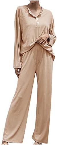 HCJKDU נשים תלבושות פיג'מה תלבושות שרוול ארוך O-צווארון שינה כפתור כפתור רך בגדים ביתיים מזדמנים