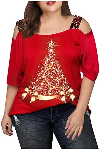 נשים חג המולד טי חולצה בתוספת גודל פאייטים חג המולד עץ גרפי חולצה חולצות סטרפלס קצר שרוולים חולצה