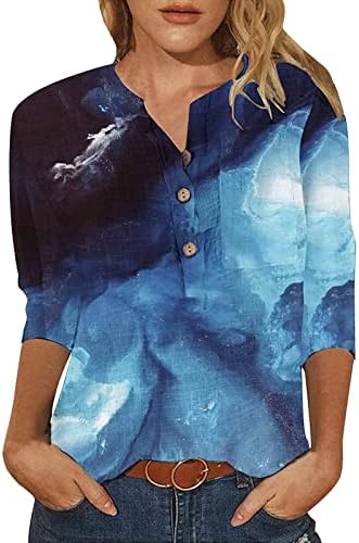 חולצות ג'וניורס נשים קיץ 3 מתוך 4 שרוול V צוואר פרחוני פרחוני חולצות כפתור טופ מזדמן רופף נשים