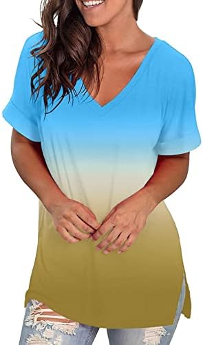 טלאי טוניקה מפוצלים צדדיים מודפסים חולצות T חיוניות לנשים נשים קיץ מזדמנים צמרות שרוול קצר V