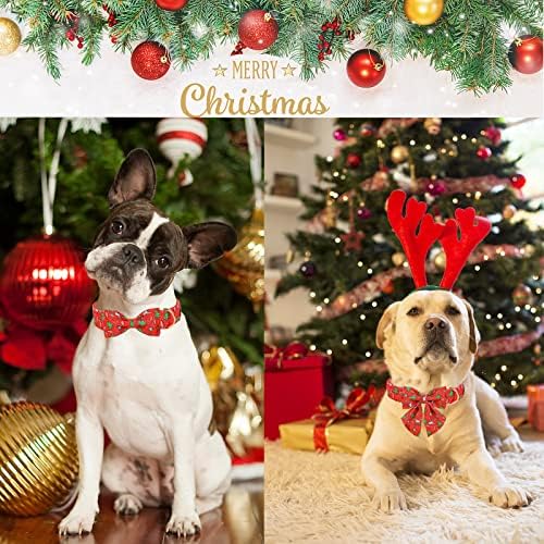 צווארון כלבי חג המולד של חיית המחמד, צווארון כלבים אדום כותנה עם קשת, עץ חג המולד מתכוונן צווארון כלבים עם אבזם