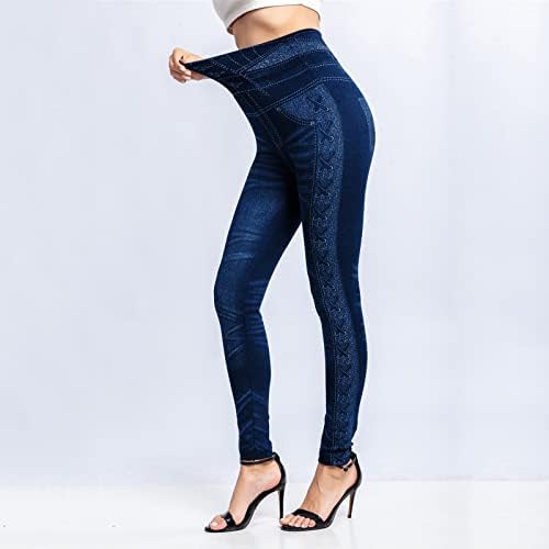 יוגה מכנסיים גבוהה מותן עם כיסים לנשים נשים אלסטי ג 'ינס חותלות תרמית פס הדפסת חיקוי ג' ינס חותלות