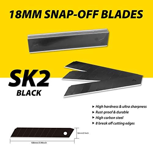סכין כלי עזר SNAP-OFF XW, חותך תיבת סגסוגת אלומיניום כבד של 18 ממ, עם מנעול מחגר, 12 להבים שחורים,