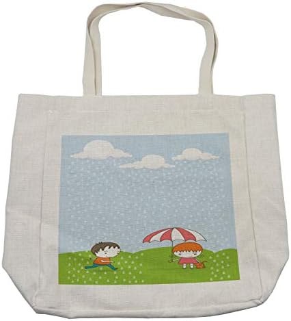 תיק קניות בענן אמבסון, ילד רץ לילדה קטנה עם מטריה בסצנת מזג האוויר בסגנון קריקטורה גשם, תיק לשימוש