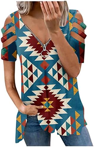 טוניקת חולצות לנשים טרנדי מערבי אתני הדפסת חולצות סקסי קר צוואר צווארון חולצות קצר שרוול רוכסן