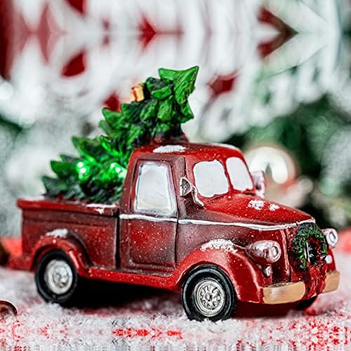 משאית אדומה וינטג 'של Huangpai עם עץ חג המולד, משאית אדומה עם קישוטים קלים, עיצוב משאיות לחג לבית,