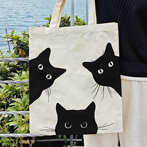 שחור חתול בד תיק לנשים חמוד חתול תיק קניות מכולת תיק חוף תיק לנשים תיק לשימוש חוזר תיק