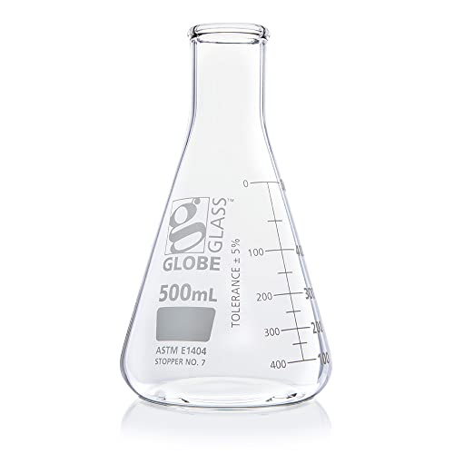 בקבוק ארלנמאייר, זכוכית גלובוס, 500 מיליליטר, פה צר, סיום לימודים כפול, זכוכית בורוסיליקט 3.3, אסטם