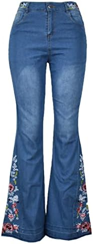 ג'ינס פרחוני של נשים פרחוני מתלקחות מותניים גבוהות פעמון דק תחתון מכנסי ג'ינס קת הרמת מכנסי ז'אן שטוף