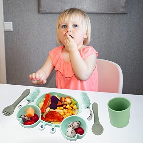 סיליקון תינוק האכלת כלי שולחן סט, כולל תינוק יניקה צלחת, פעוט כוס, 2 סטים מזלגות וכפות, 6 יחידות