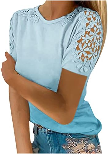 נשים של קיץ חולצה 2023 מזדמן הדפסה עגול-צוואר תחרה חלול החוצה קצר שרוול סוודר הרזיה חולצה חולצות