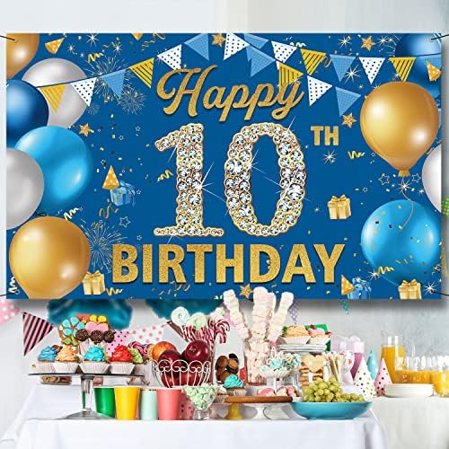 באנר רקע קישוטי יום הולדת 10, קישוט יום הולדת 10 שמח לבנים, רקע צילום יום הולדת כחול, בד פוסטר רקע מסיבת