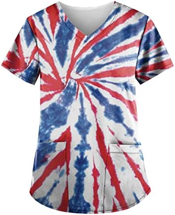 חולצת טי 4 ביולי לנשים דגל ארהב דגל קיץ שרוול קצר נגד חולצת טריקו צוואר עם 2 כיסים חולצה עליונה לחג.