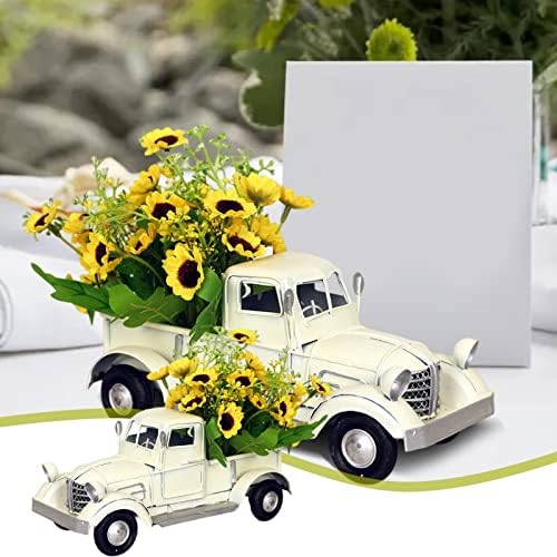 עיצוב חג מיני משאית מתכתית לבנה עם פרחים מגש שכבות תפאורה מגש דקור מגש וינטג 'צהוב
