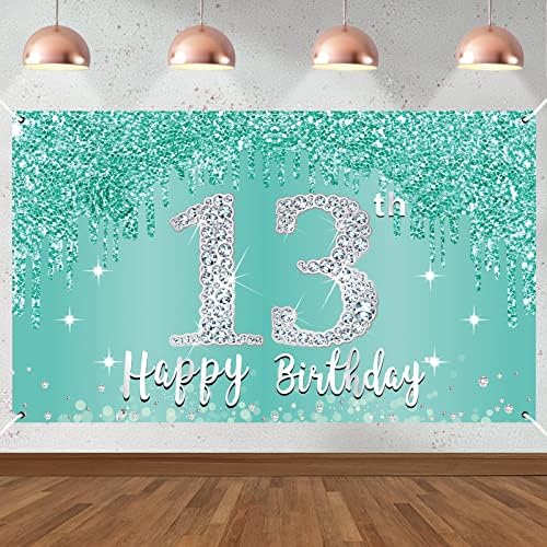 Luxiocio Teal Silver קישוטי כרזות ליום הולדת 13 לילדות, ארוחת בוקר כחולה מאושר 13 ציוד למסיבות תפאורת
