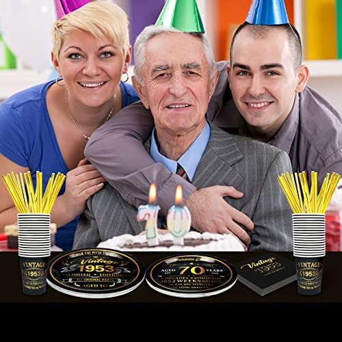 קישוטי יום הולדת 70 לגברים, וינטג '1953 צלחות נייר חד פעמיות ומפיות ציוד למסיבות ל -24 אורחים, 120