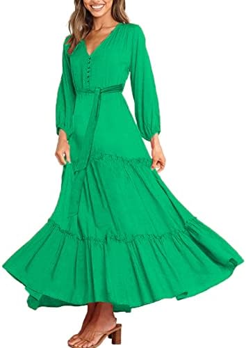 כפתור נשים בהרשמה שמלת נדנדה V-צווארון צבע אחיד שרוול ארוך טלאים שמלה זורמת עם שמלת מקסי סיבתית של חגורה