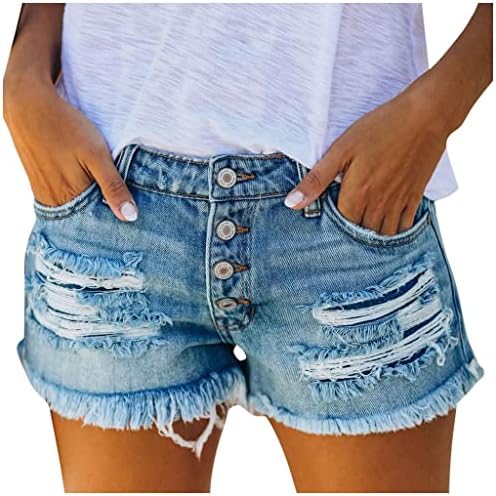 מכנסי ג'ינס קרועים לנשים סקסיות ארבע כפתור מותניים נמוכות ג'ין מכנסיים קצרים חמים בקיץ שוליים מכנסיים