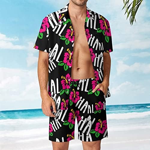 Aloha Hibiscus פרח גברים 2 חלקים תלבושות חוף כפתור הוואי למטה חולצה עם שרוול קצר וחליפות מכנסיים קצרים