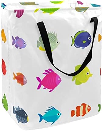 סט סל כביסה מתקפל בהדפס דגים חמוד, סלי כביסה עמידים למים 60 ליטר אחסון צעצועי כביסה לחדר שינה בחדר האמבטיה