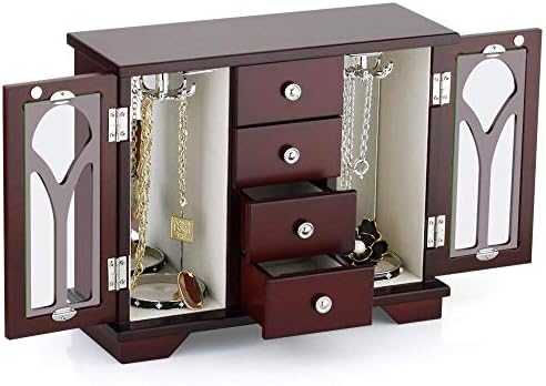 קופסת תכשיטים עגולה בעיצוב עשיר - עשויה מעץ מלא עם 2 קופסאות חום ולבן