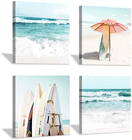 חוף בד קיר אמנות ציור: קיץ גלשן ומטרייה על חוף תמונה הדפסת לסלון