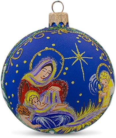 מלאכים המשקיפים על התינוק ישו ישו אוקראיני כדור זכוכית קישוט חג המולד 3.25 אינץ '