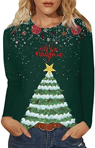 סווטשירט נשים דפוס הדפסת חג המולד של שרוול ארוך חולצות חולצות מזדמנים חולצות טריקו גברת רופפת חולצה