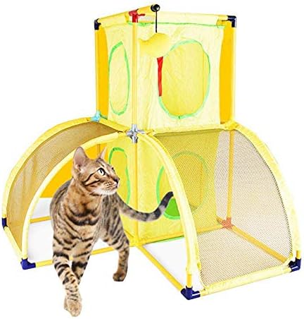 מגדל עץ חתול רב תכליתי, מיטת טיפוס חתול 2 ב-1 מנהרה כפולה, בד לא ארוג טבעי, בטוח, נוח ועמיד,