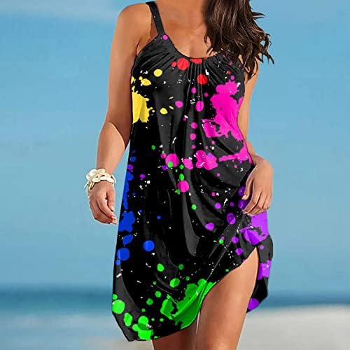 קיץ חוף שמלת נשים מקרית בוהמי שמלת כושר רופף זורם מיני שמלה ללא שרוולים עם צווארון לחפות שמלה קיצית