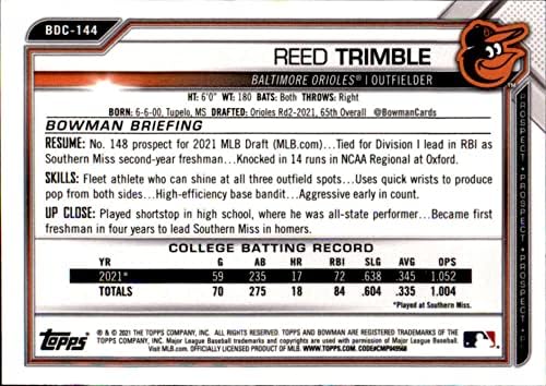 2021 דראפט כרום באומן BDC-144 ריד טרימבל RC טירון בולטימור אוריולס MLB כרטיס מסחר בייסבול