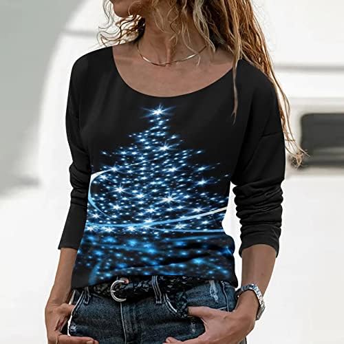 חולצות שרוול ארוך לנשים 2022 חולצות חג מולד מדליקות עץ חג המולד צמרות צוואר צווארון ניאון נשים סתיו חולצות