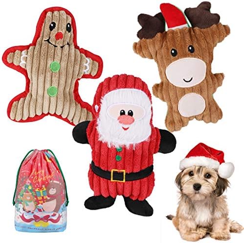 Qkurt 3 PCS צעצועים לכלבים לחג המולד, צעצועים חריקים של כלבים כלולים איילים של ג'ינג'ר איש סנטה קלאוס