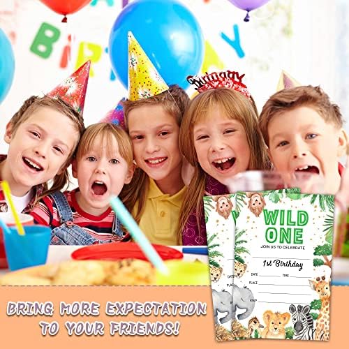 הזמנות ליום הולדת של YQV, 4 x6 פראי הזמנות למסיבת יום הולדת 1 אחת עם מעטפות לבעלי חיים בג'ונגל קישוטים למסיבות