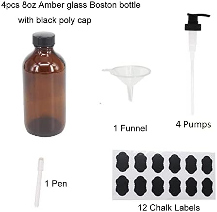 מארז 4 עוז 8 בקבוקי משאבת זכוכית ענבר, בקבוקים עגולים של בוסטון עם משאבות לקרם, סבון, קרמים,