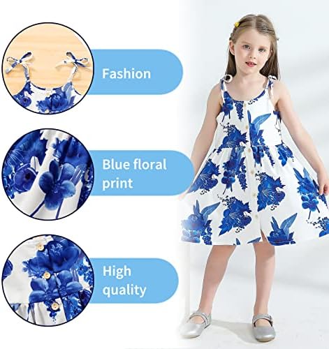 עץ צעיר יותר 1-5T ילדים בנות בנות שמלת קיץ שמלת קלע כחול פרחוני שמלה מזדמנת דפוס בנות שמלת שמלת