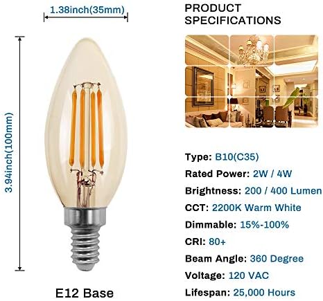 מנורת לד ניתנת לעמעום ב11 / ג35, בסיס 12, לבן חם רך 2700 קראט, זכוכית ענבר, קרי95 גבוהה, נורות נברשת וינטג '
