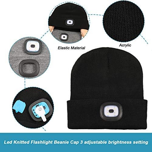 GEYOGA 3 חתיכות הובלת כובע כפה עם כפתור פנס סוללת כפתורים, כובע סרוג חם לתיקון ועבודה במקומות חשוכים, ספורט