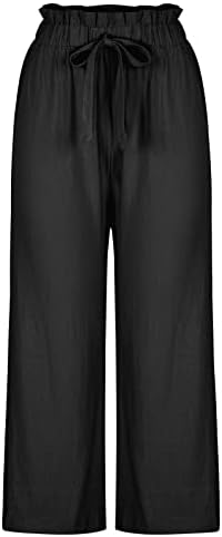 מכנסי פשתן כותנה לנשים של Lcziwo שרוך מותניים רוחב אורך קרסול מכנסי חוף רופפים מזדמנים עם כיסים