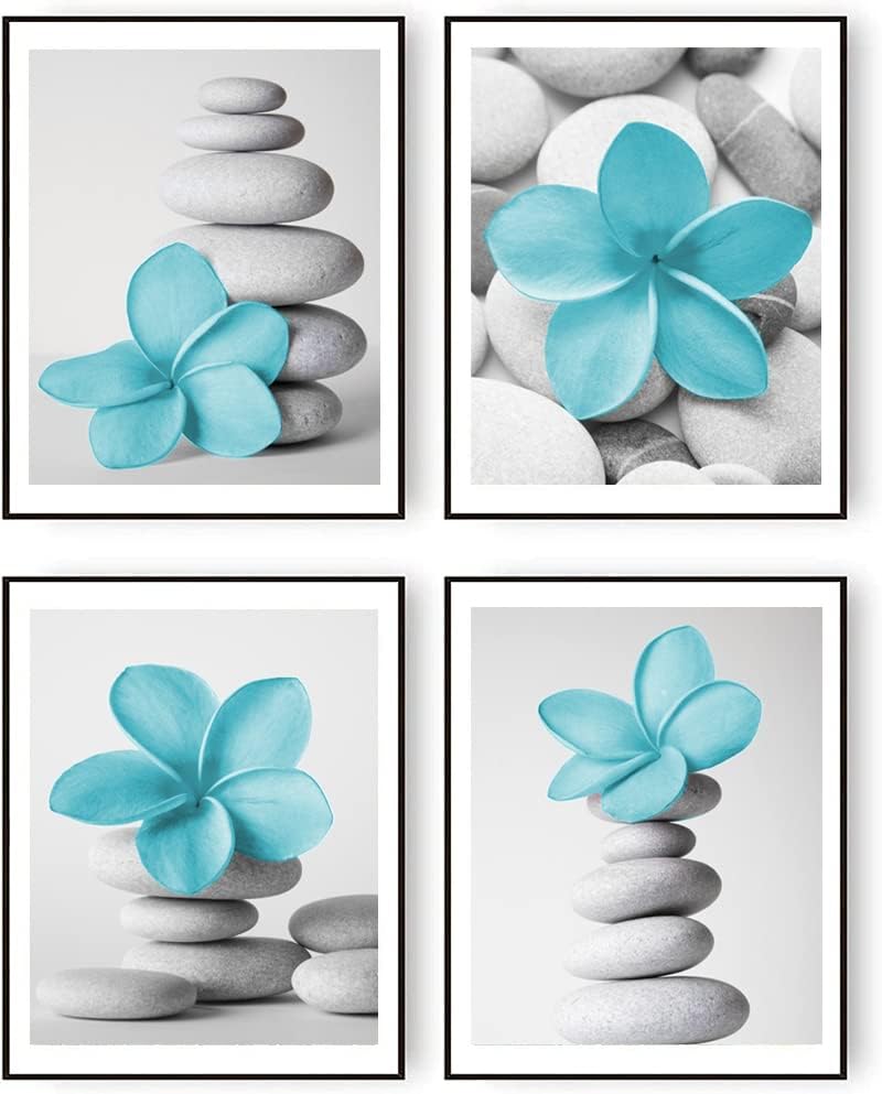 עיצוב גאוני - הדפסים של זן אמנות פרחים כחולים ואפורים ותמונות אבן חלוקי חלוק לחדר שינה הדפסי קנבס של ספא