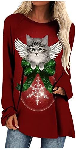 חג המולד חולצות טוניקת חולצה לנשים חמוד חתול מודפס ארוך שרוול צוות צוואר רופף חולצה ארוך חג