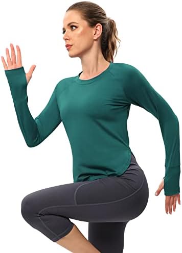 חולצות אימון של שרוול ארוך של אמצעי לנשים המריצות חולצת כושר יוגה עם חור אגודל נושם רשת אחורה של